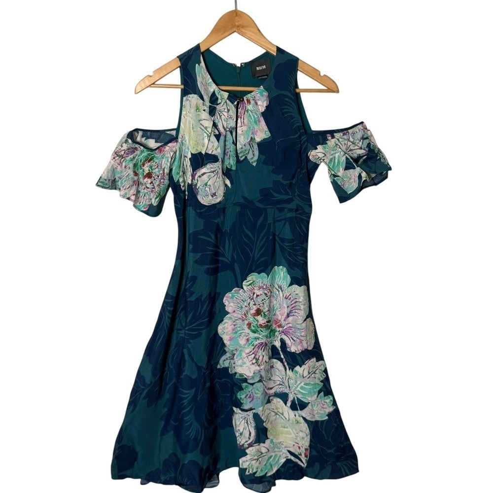 Anthropologie Maeve Cold Shoulder Tropical Floral Dress Size 2 Ruffle Sleeves